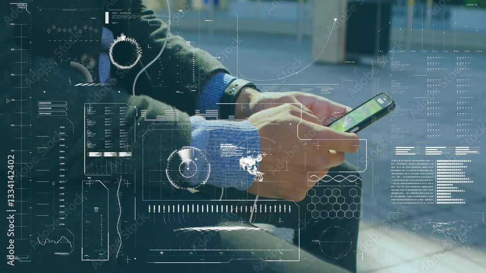 Poster person using smartphone with animation overlay displaying data and graphs