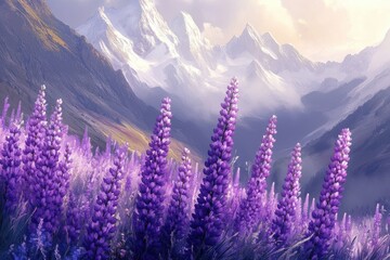Purple Lupines Blooming Before Majestic Mountains,