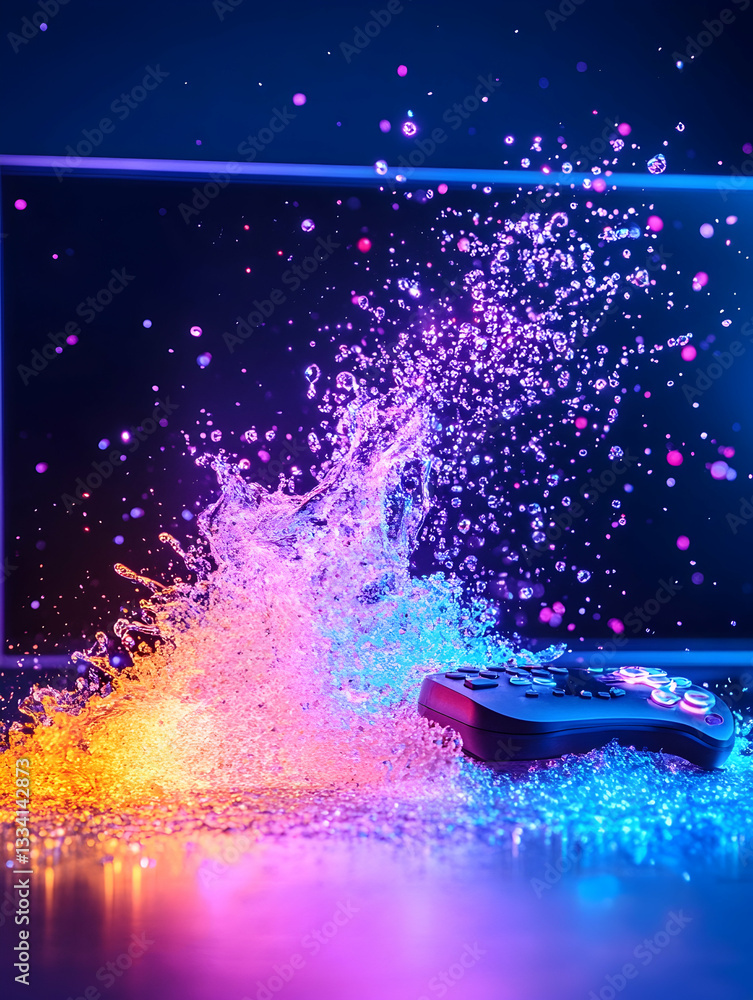 Poster vibrant liquid splash engulfing a game controller near a screen