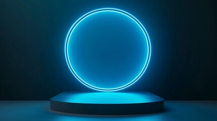 Blue empty podium with glowing neon frame in the dark for product presentation. 3D rendering