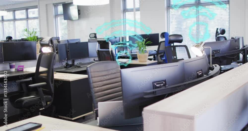 Poster office with empty desks featuring animation of digital network symbols