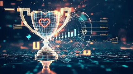 Digital trophy with a heart symbol, surrounded by data visualizations and glowing elements - Powered by Adobe