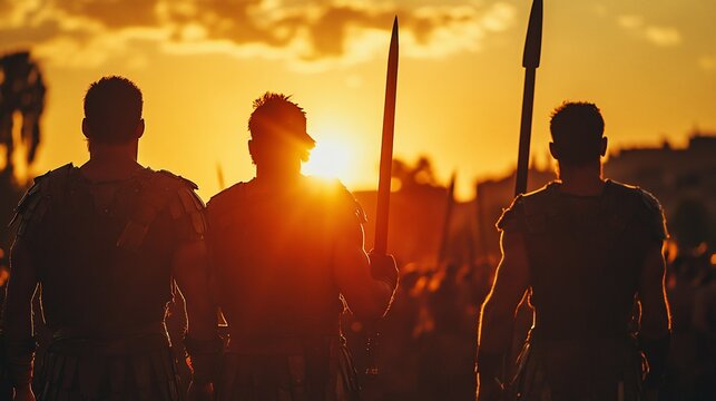 Roman legionaries marching into the sunset, ready for battle during war