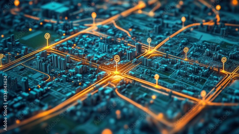 Poster an abstract depiction of a digital map with glowing pathways