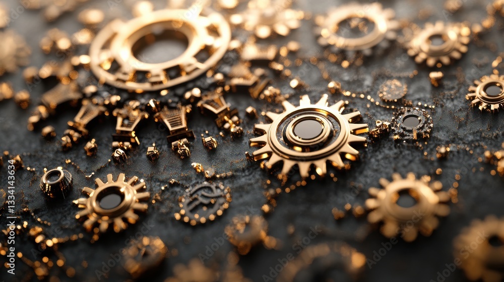 Poster intricate golden gears and cogs on dark surface with detailed texture