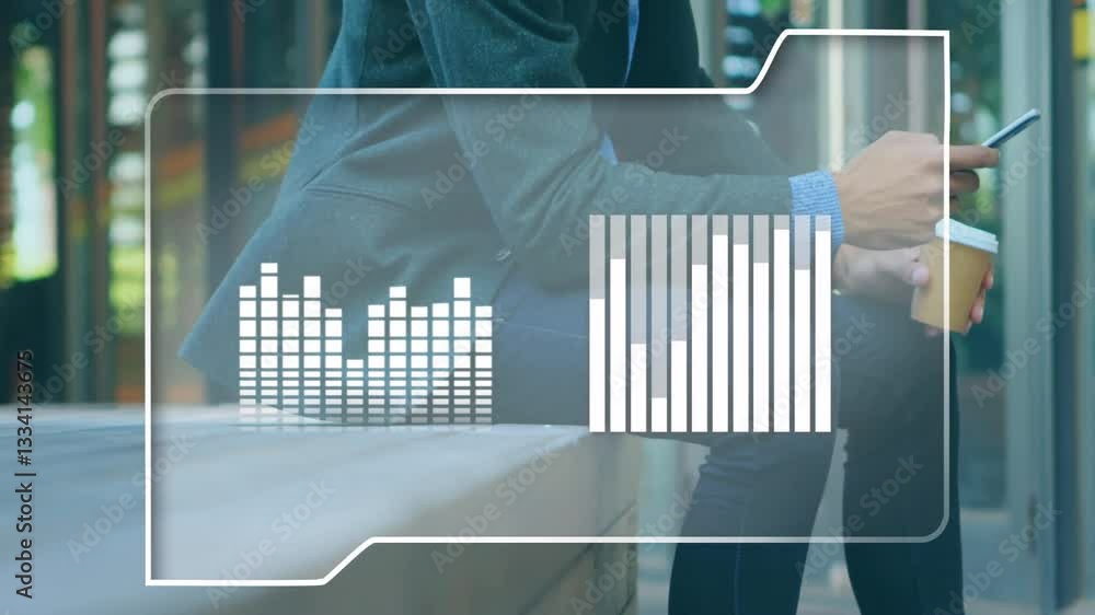 Poster using smartphone, person viewing animation with digital data in urban area