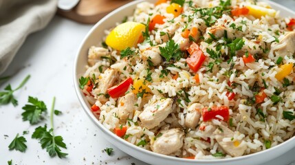 Close up of lemon herb chicken rice on marble countertop with vibrant colors and natural light