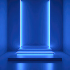 Obraz premium Futuristic blue neon lit room with glowing steps and walls
