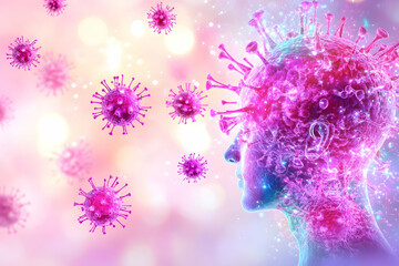 Fototapeta premium Viral infection impacting human head, depicted with vibrant pink virus particles