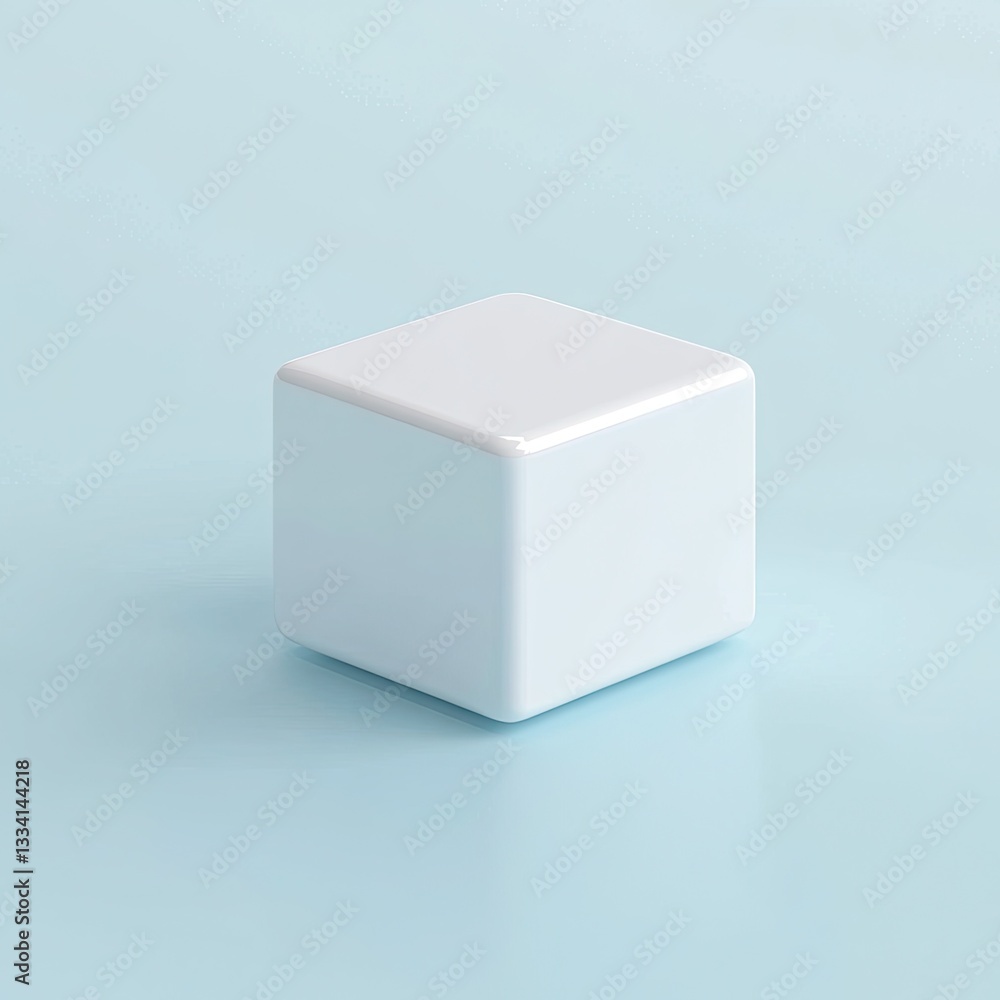 Poster a single white cube on a light blue background minimalist product display scene