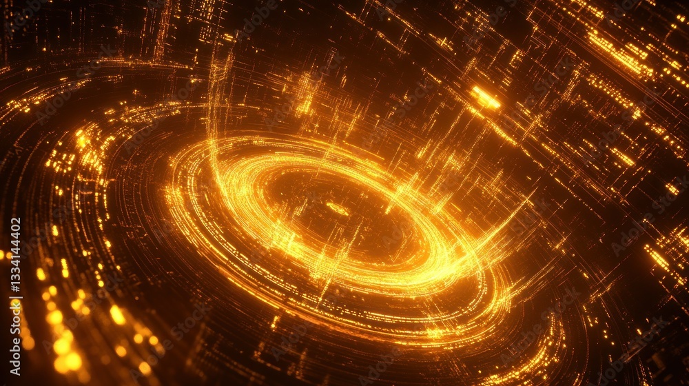 Poster glowing concentric circles and lines create abstract digital visualization
