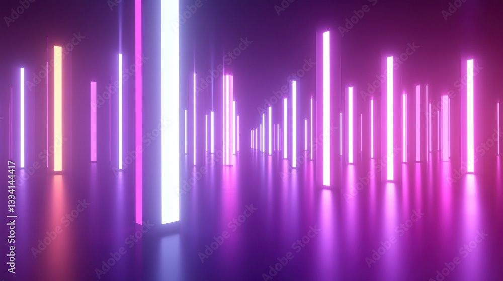 Poster illuminated vertical light columns reflecting in a smooth surface