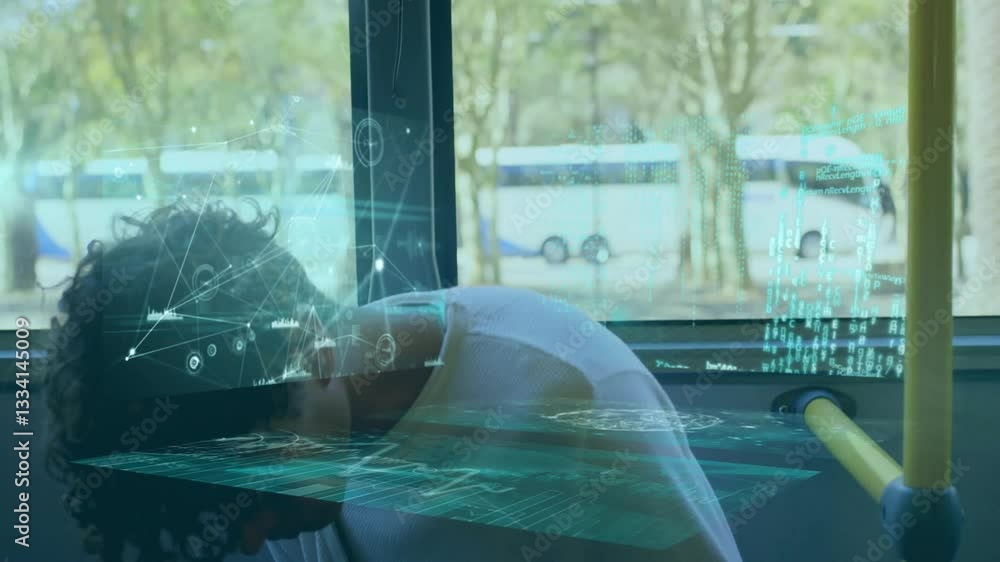 Poster resting on bus, person viewing animation of digital data and network graphics