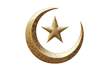 Golden crescent moon and star symbol with three-dimensional texture on a white background