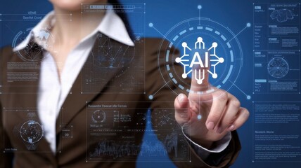 businesswoman in formal suit working with computer laptop for Polygonal brain shape of an artificial intelligence with various icon of smart city Internet of Things, AI and business IOT concept