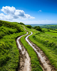 Winding dirt road through lush green hills under a vibrant blue sky