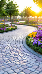 Obraz premium Winding stone path through vibrant garden at sunset