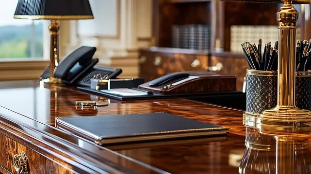 Elegant wooden desk in an upscale office, featuring stationery and a scenic window view