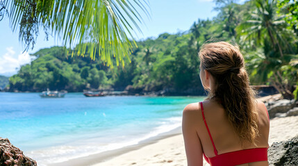 Obraz premium Woman in red bikini admires tranquil tropical beach scene