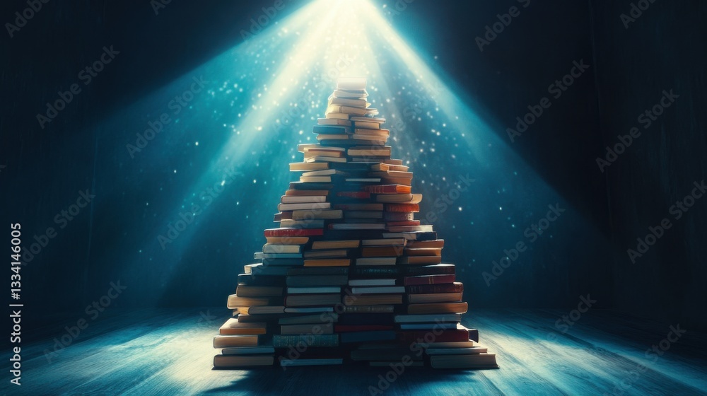 Poster tower of books illuminated by rays of light in a dark room creating a mystical atmosphere