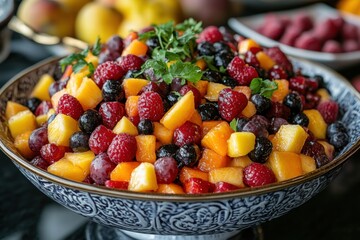 Bowl of fresh fruit salad with berries and citrus