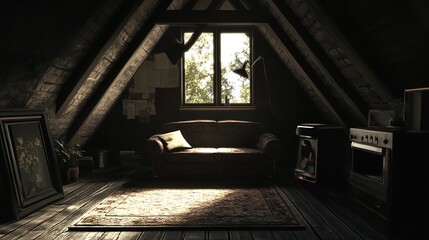  Grey Attic Living Room Interior with Sofa