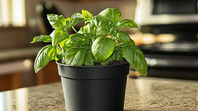 Fresh basil plant in a black pot on a kitchen countertop with a blurred background