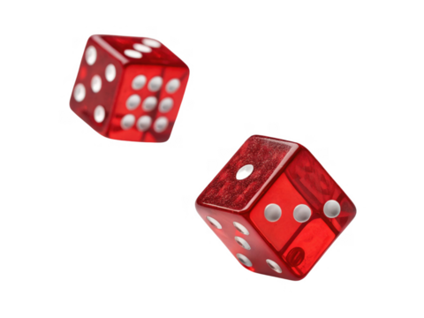 Rolling red dice in mid air, showcasing vibrant colors and classic design