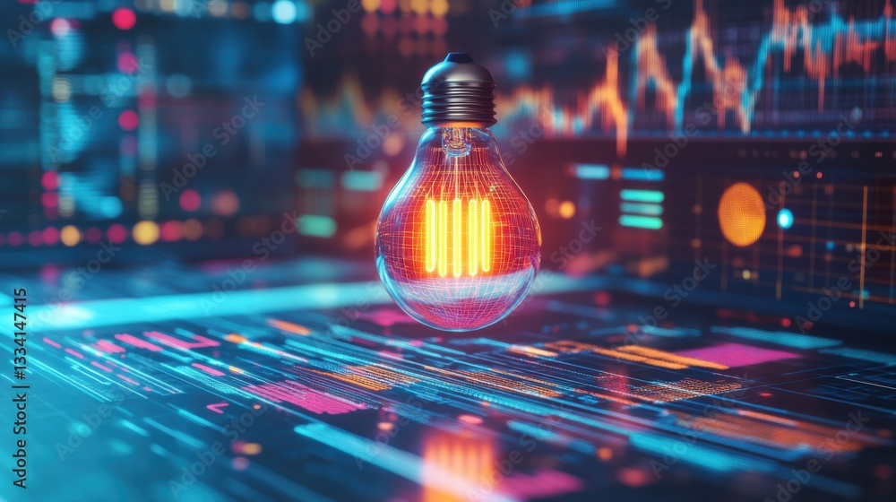 Poster futuristic lightbulb with neon glow above digital interface and data visualization background