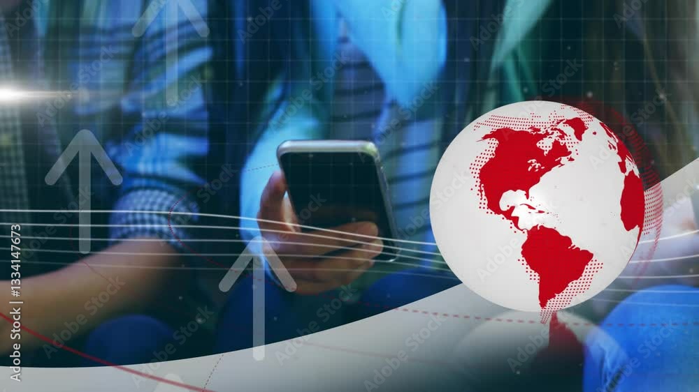 Poster people using smartphones with digital globe and upward arrows animation overlay