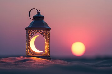 Lantern with crescent moon cut-out on sandy surface, glowing warmly under a gradient sky of pink and blue