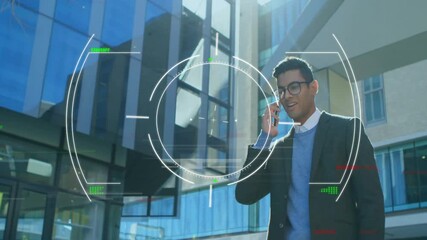 Talking on phone, businessman with digital target animation overlay in office - Powered by Adobe
