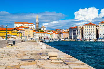 View of the embankment of Piran, a small historic town in Slovenia