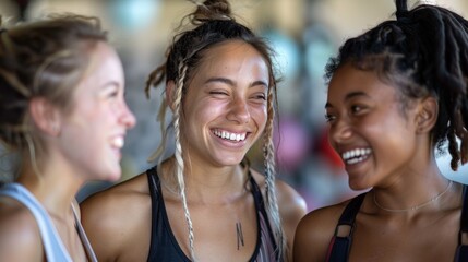 Radiant joy: Three young women share a heartfelt laugh, their smiles mirroring the warmth of genuine camaraderie, showcasing friendship and youthful energy.