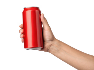 hand holding red beverage can, showcasing sleek design and vibrant color
