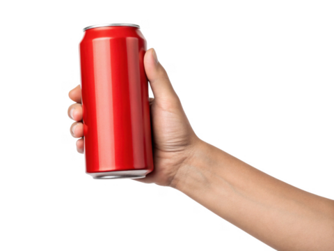 hand holding red beverage can, showcasing sleek design and vibrant color