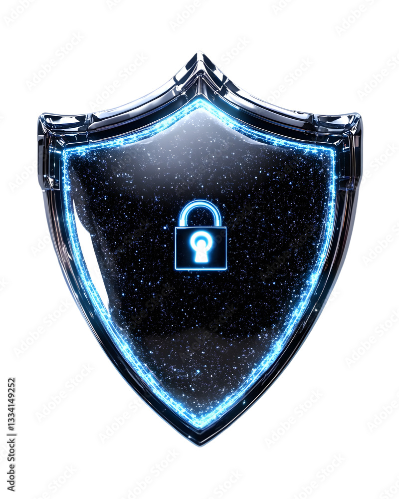 Poster digital shield icon with a locked padlock symbolizing security and protection in a modern context