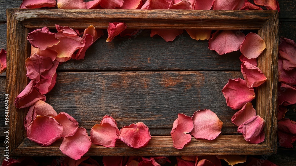 Poster rustic wooden frame adorned with delicate pink petals, resting on a weathered surface, creating a ro