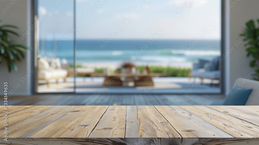 Poster rustic wooden tabletop with a blurred background featuring ocean views and outdoor living spaces, cr