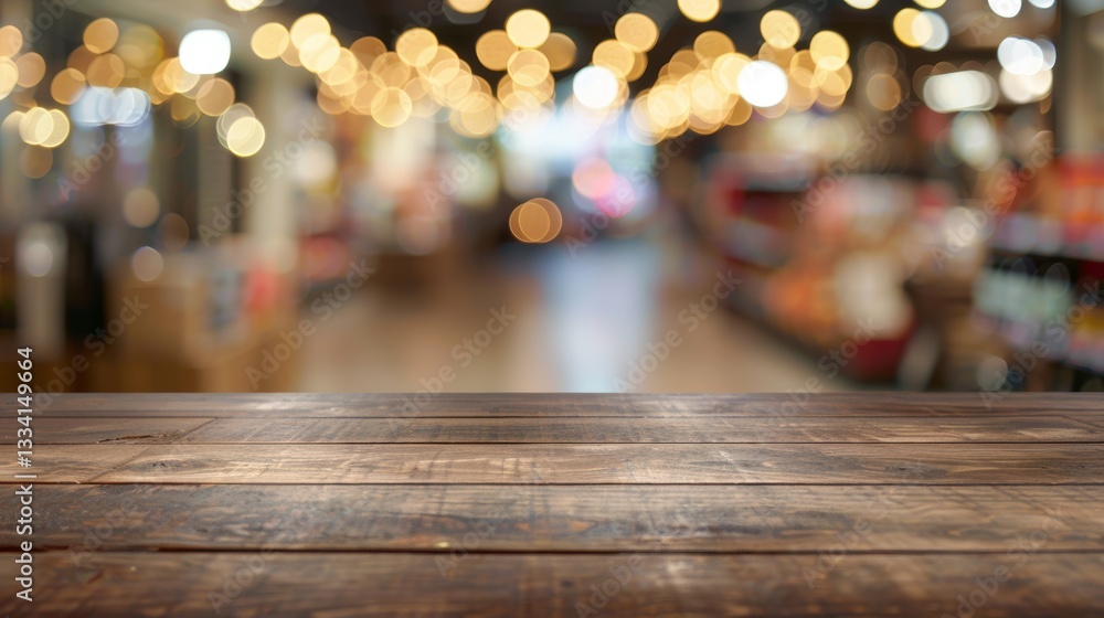 Poster rustic wooden table surface with a blurred, festive backdrop of ambient lighting creating a warm and
