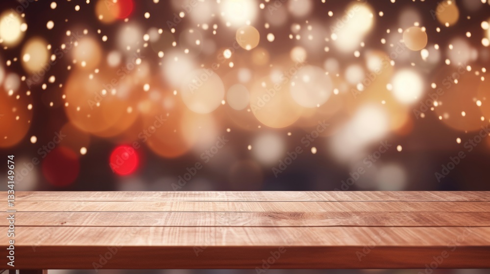 Aufkleber rustic wooden tabletop surface bathed in soft bokeh lights, creating a warm and inviting ambiance fo