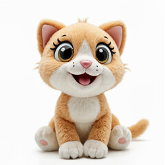 Adorable plush kitten toy sitting with a happy expression on a white background