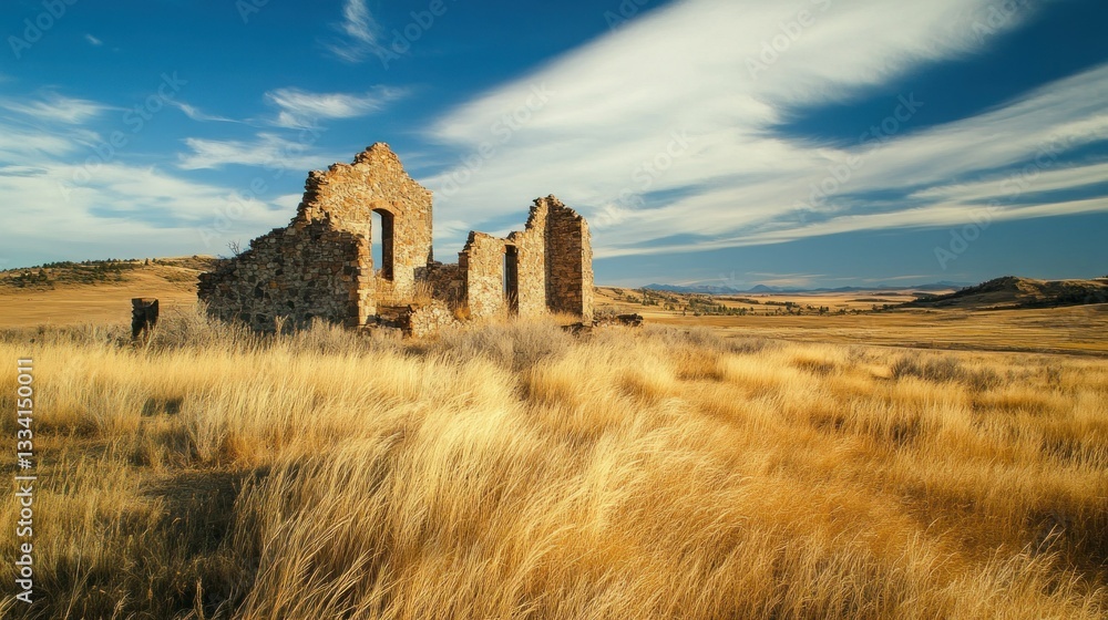 Poster a crumbling stone structure rests in an expansive open field