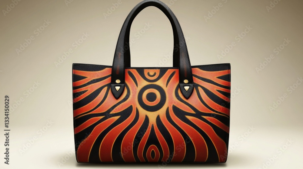 Poster stylish leather handbag with vibrant abstract design and patterns