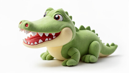 Playful plush crocodile toy lying with a happy expression on a white background