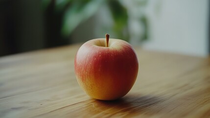 A single red and yellow apple sits on a wooden table