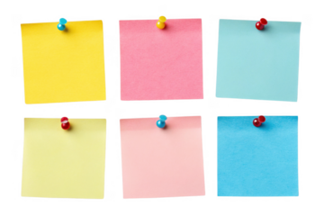 Colorful sticky notes pinned on transparency background, ideal for reminders and organization