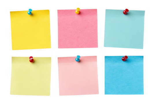 Colorful sticky notes pinned on transparency background, ideal for reminders and organization