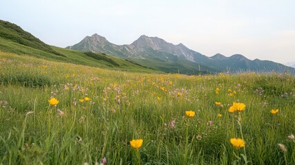 Vibrant Wildflower Meadow And Majestic Mountains Under Hazy Sky