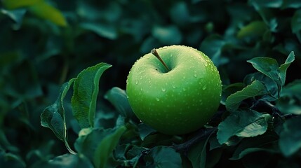 A green apple sits among leaves with water droplets shown